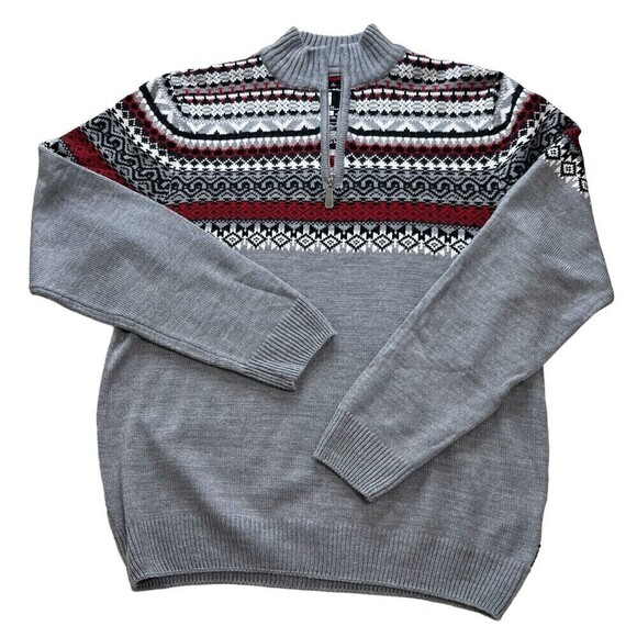 NWT i Jeans by Buffalo Lexington Gray Fair Isle Zip Pullover Sweater Mens MEDIUM - Picture 1 of 9